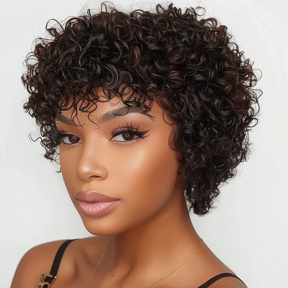 Brazilian Short Bob Pixie Afro Kinky Curly Wigs With Bangs For Black Women Natural Brown 99J Full Machine Made Human Hair Wigs