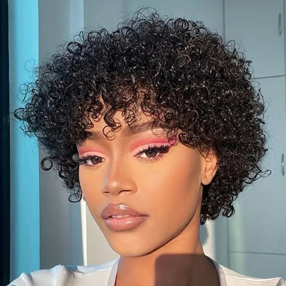 Brazilian Short Bob Pixie Afro Kinky Curly Wigs With Bangs For Black Women Natural Brown 99J Full Machine Made Human Hair Wigs