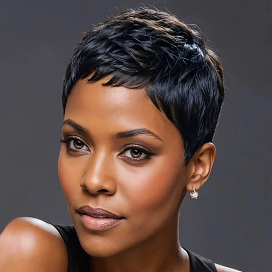 150% Density 4Inch Pixie Cut Curly Wave Human Hair Wig for Women Full Machine Made Wig for Daily Wear and Party