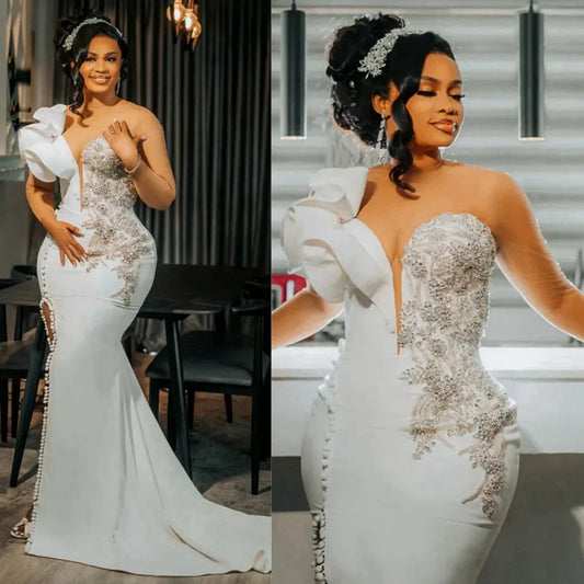 Custom Sexy Sheer Neck Long Sleeves Mermaid Wedding Dress Side Split Crystals Decorated Wedding Bridal Gowns for African Nigeria