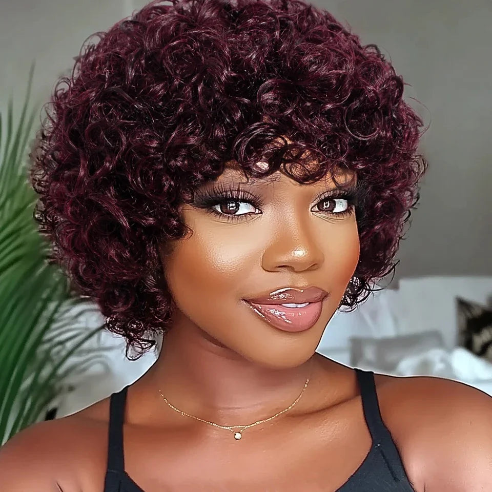 Brazilian Short Bob Pixie Afro Kinky Curly Wigs With Bangs For Black Women Natural Brown 99J Full Machine Made Human Hair Wigs