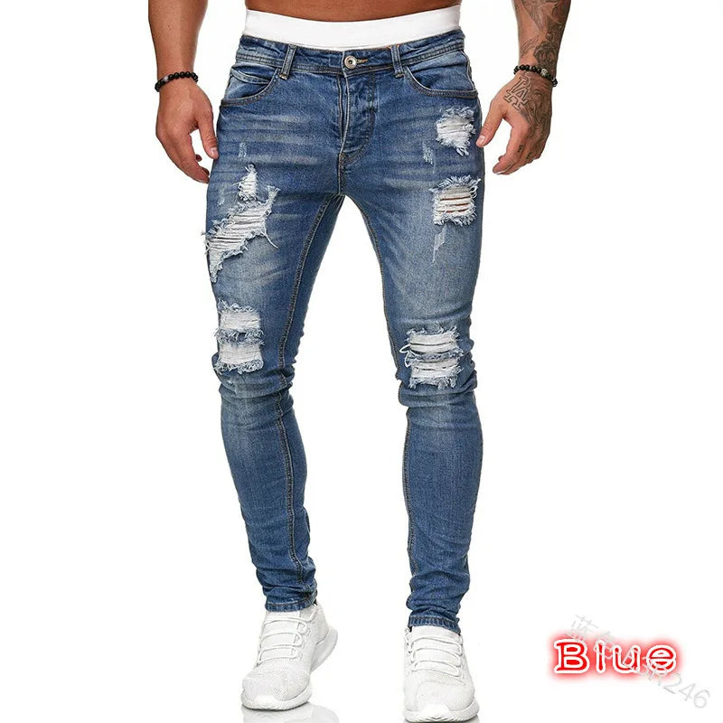 2023 White Embroidery Skinny Ripped Jeans Men Cotton Stretchy Slim Fit Hip Hop Denim Pants Casual Jeans for Men Jogging Trousers