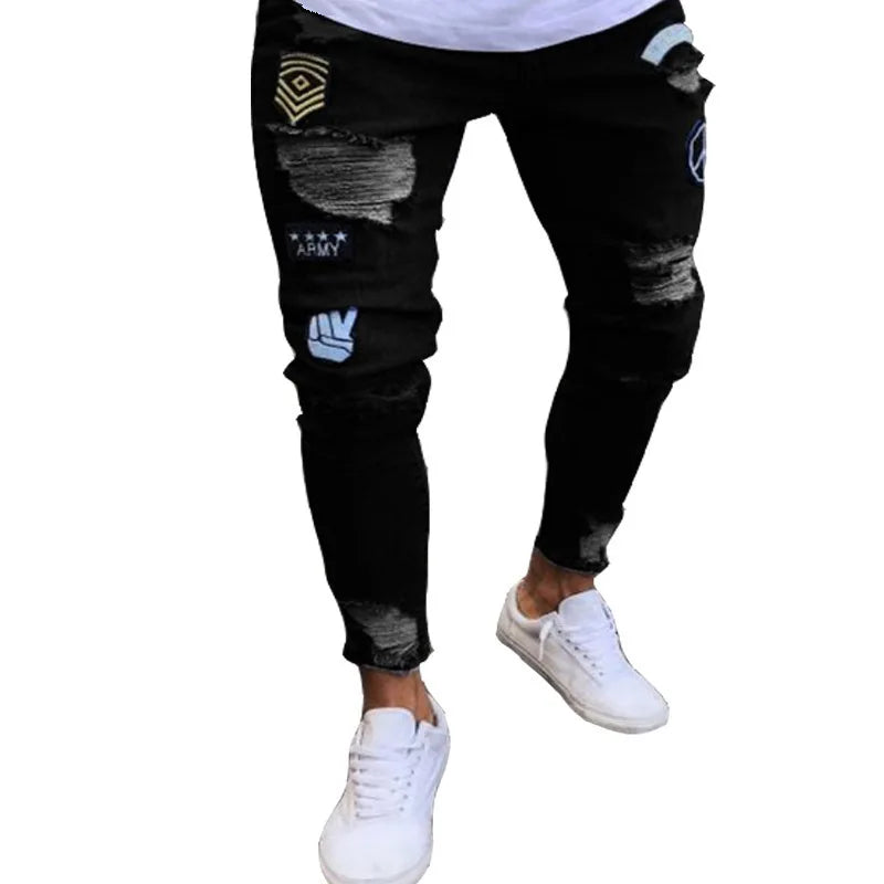 2023 White Embroidery Skinny Ripped Jeans Men Cotton Stretchy Slim Fit Hip Hop Denim Pants Casual Jeans for Men Jogging Trousers