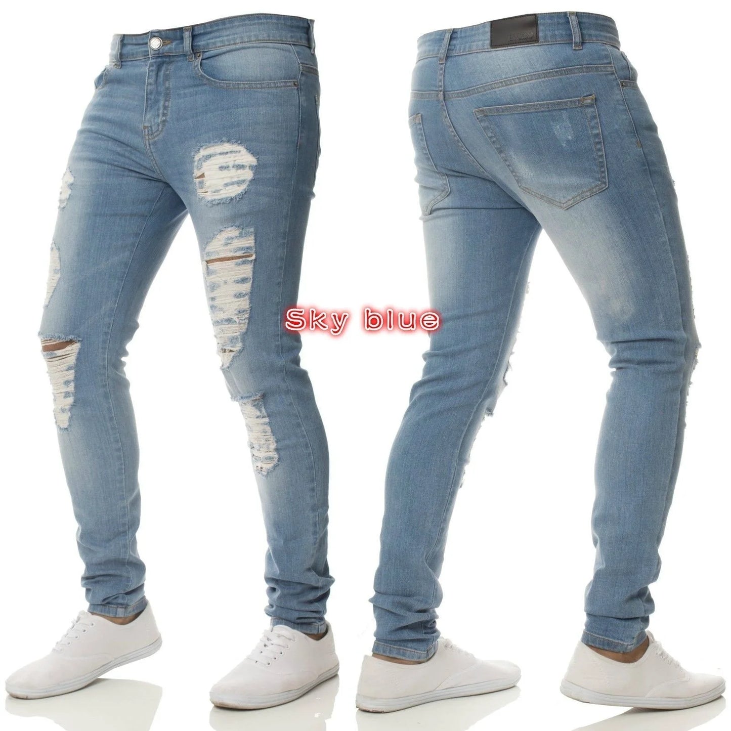 2023 White Embroidery Skinny Ripped Jeans Men Cotton Stretchy Slim Fit Hip Hop Denim Pants Casual Jeans for Men Jogging Trousers