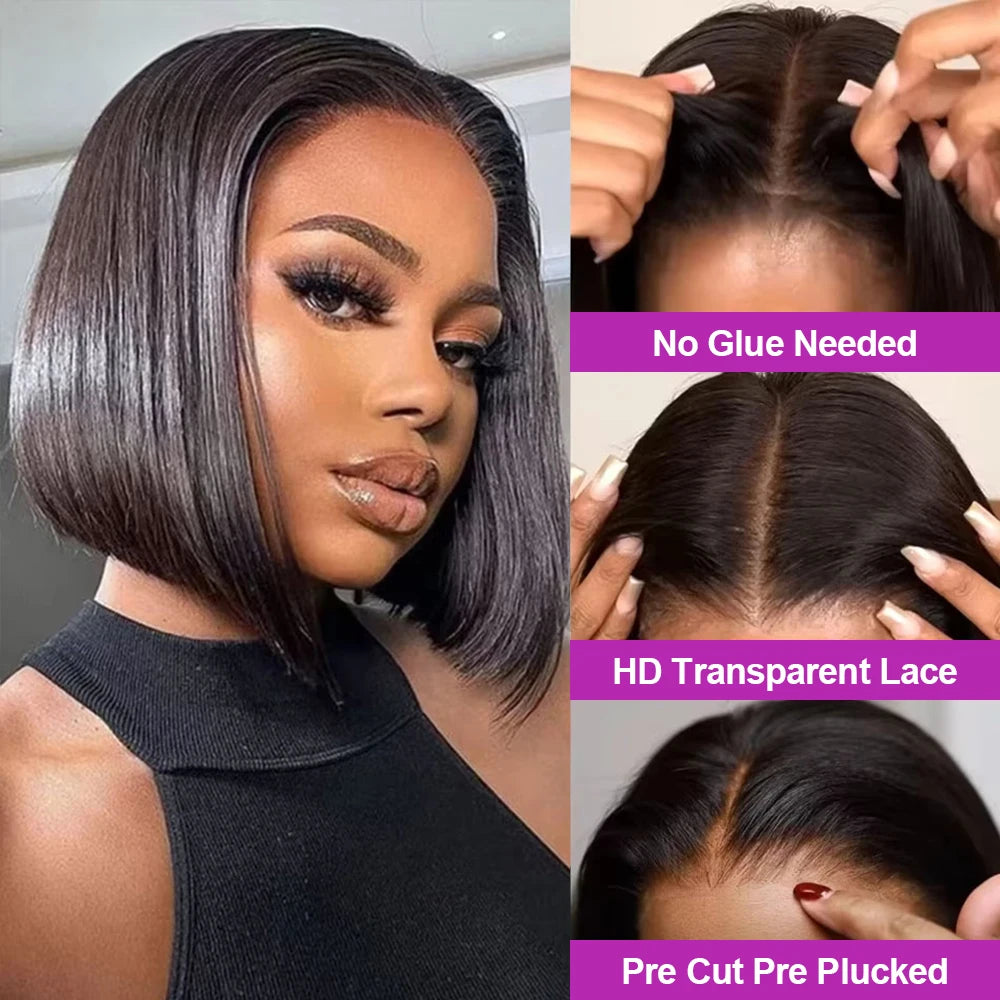Brazilian Human Hair Bob Wigs Glueless HD Lace Front Wig No Glue Short Bone Straight Lace Frontal Wig Ready to Wear 250 Density