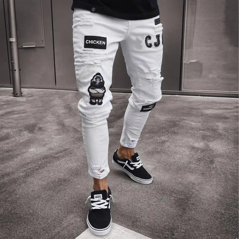 2023 White Embroidery Skinny Ripped Jeans Men Cotton Stretchy Slim Fit Hip Hop Denim Pants Casual Jeans for Men Jogging Trousers