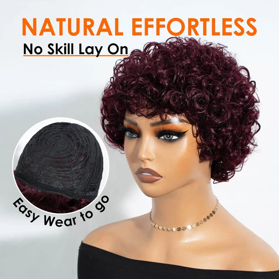 Brazilian Short Bob Pixie Afro Kinky Curly Wigs With Bangs For Black Women Natural Brown 99J Full Machine Made Human Hair Wigs