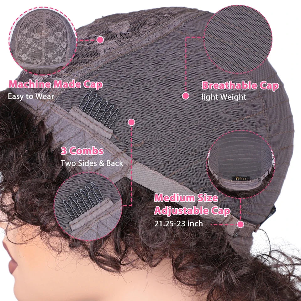 Brazilian Short Bob Pixie Afro Kinky Curly Wigs With Bangs For Black Women Natural Brown 99J Full Machine Made Human Hair Wigs