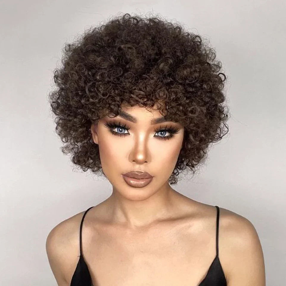 Brazilian Short Bob Pixie Afro Kinky Curly Wigs With Bangs For Black Women Natural Brown 99J Full Machine Made Human Hair Wigs