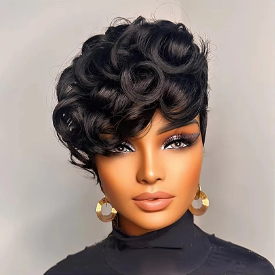 1B# Pixie Cut Human Hair Wig for Women 6" Layered Short Loose Curly with Bangs 180% Density Remy Brazilian Hair Machine Made Cap