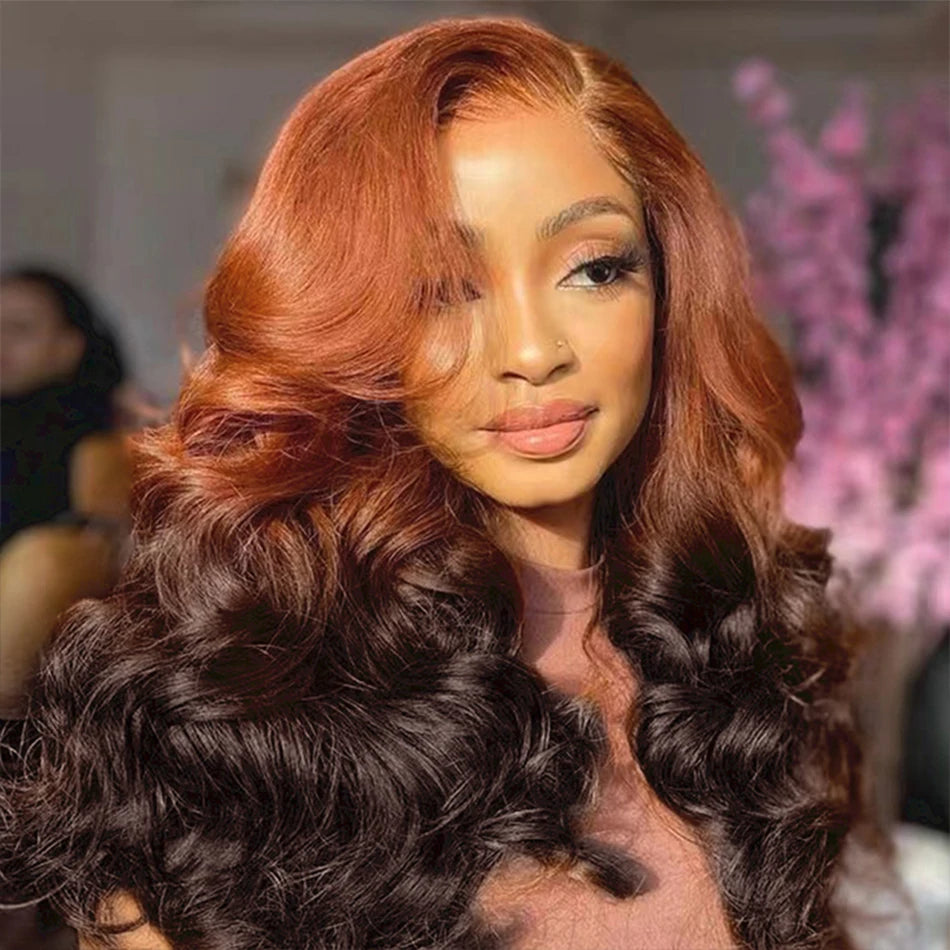 100% Vietnamese Hair Wigs Super Double Drawn Ombre Bouncy Body Wave 250 Density Highlight HD Lace Frontal Wigs Human Hair Genger
