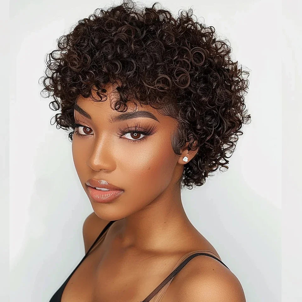 Brazilian Short Bob Pixie Afro Kinky Curly Wigs With Bangs For Black Women Natural Brown 99J Full Machine Made Human Hair Wigs