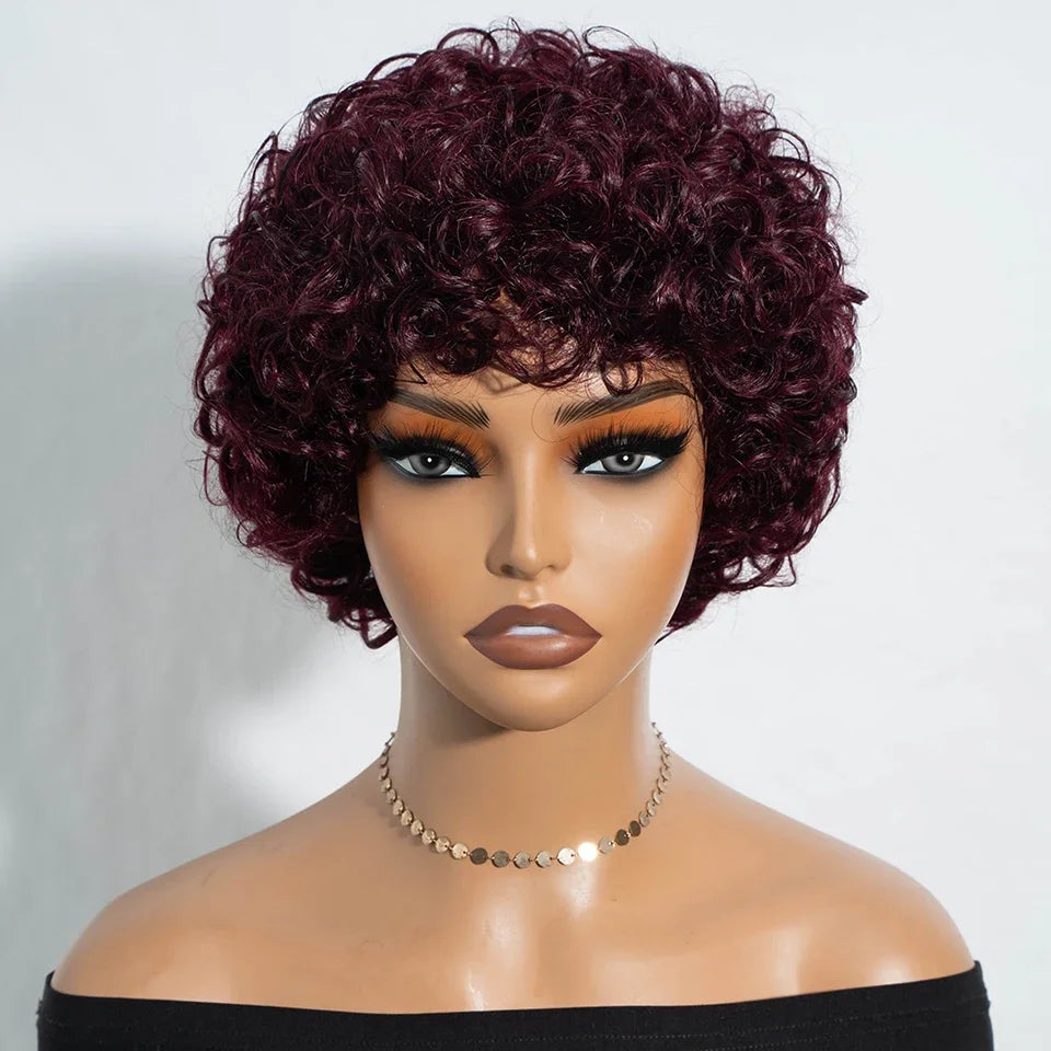 Brazilian Short Bob Pixie Afro Kinky Curly Wigs With Bangs For Black Women Natural Brown 99J Full Machine Made Human Hair Wigs