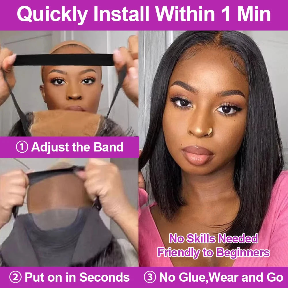 Brazilian Human Hair Bob Wigs Glueless HD Lace Front Wig No Glue Short Bone Straight Lace Frontal Wig Ready to Wear 250 Density