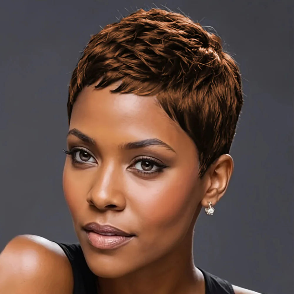 150% Density 4Inch Pixie Cut Curly Wave Human Hair Wig for Women Full Machine Made Wig for Daily Wear and Party